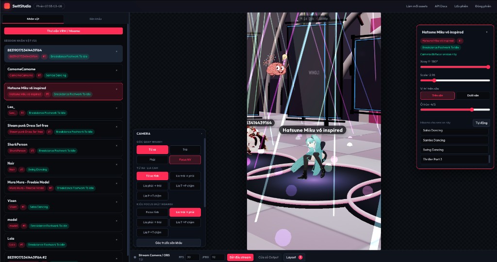 SwitStudio interface with an AI character on a virtual stage